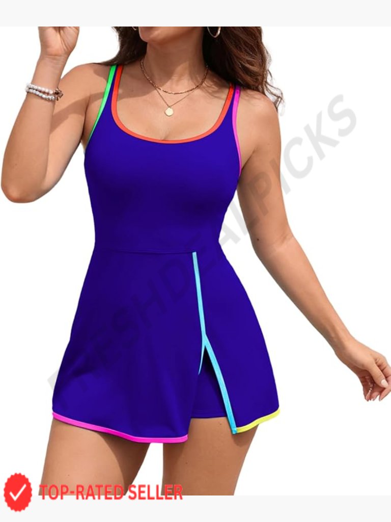One Piece Swim Dress Square Neck Adjustable Athletic Bathing Suit With Skirt